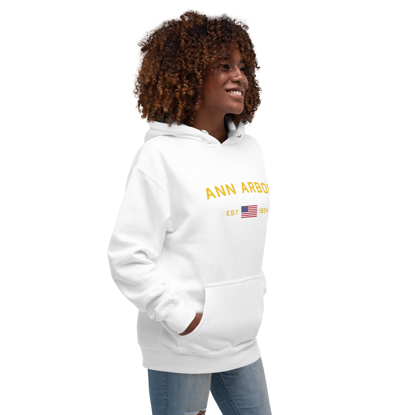 'Ann Arbor EST 1824' Unisex Premium Hoodie (Gold Type w/USA Flag Outline)