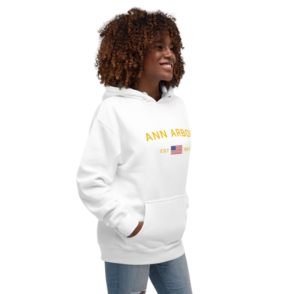 'Ann Arbor EST 1824' Unisex Premium Hoodie (Gold Type w/USA Flag Outline)