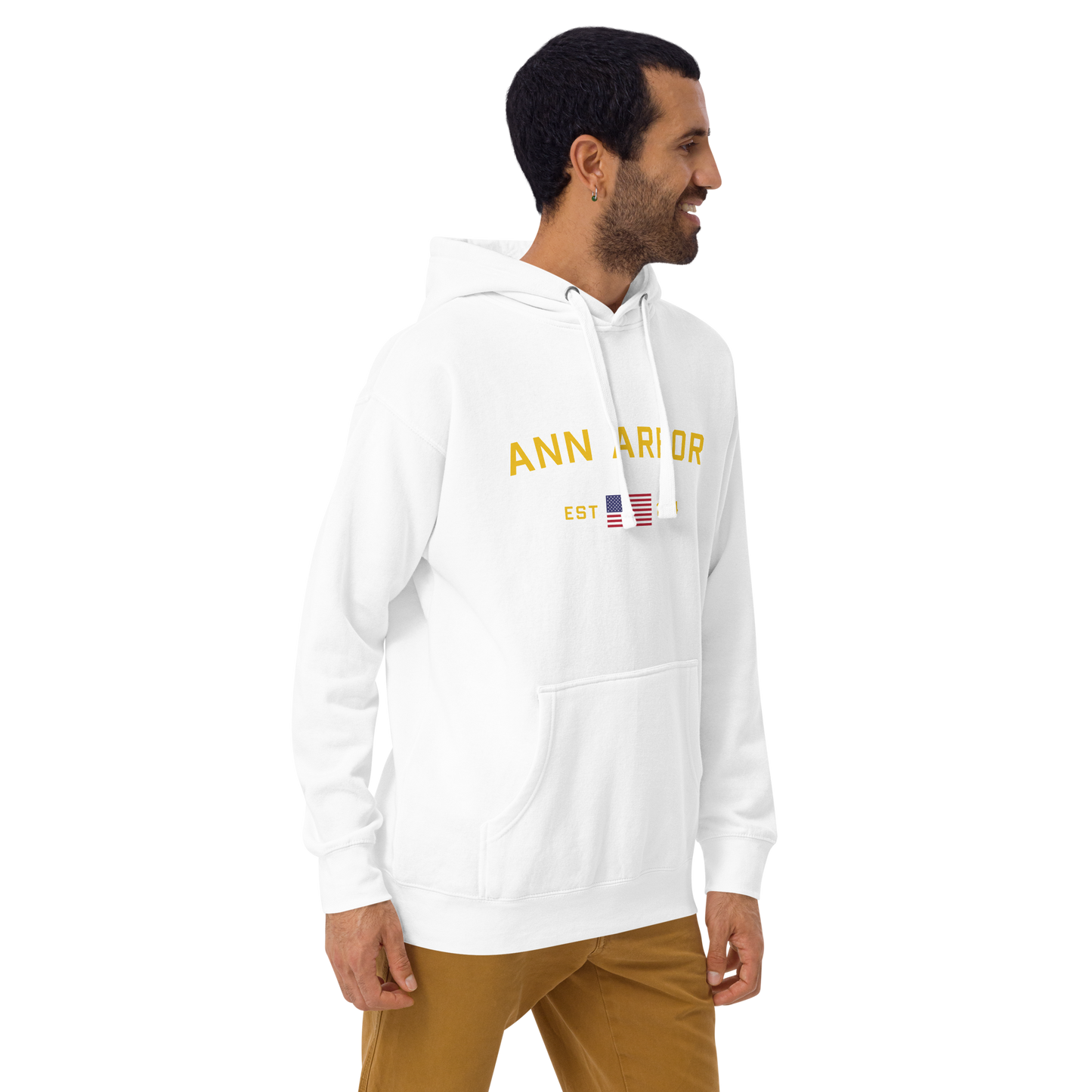 'Ann Arbor EST 1824' Unisex Premium Hoodie (Gold Type w/USA Flag Outline)