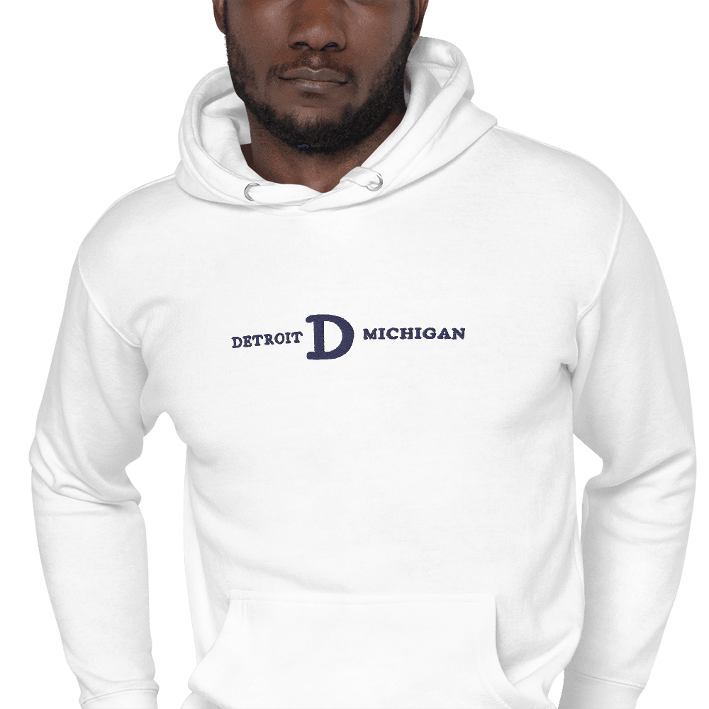 'Detroit Michigan' Hoodie (White/Navy Embroidery w/ Old French D) | Unisex Premium - Circumspice Michigan