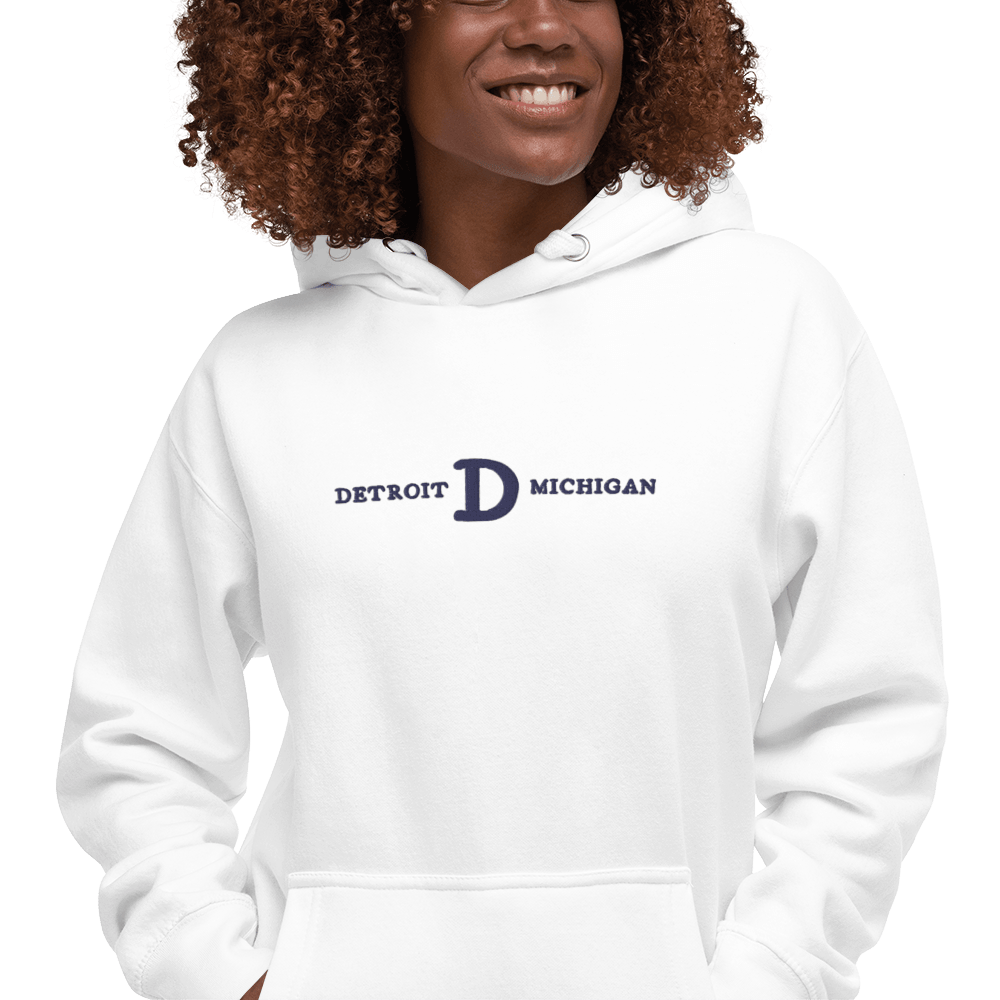 'Detroit Michigan' Hoodie (White/Navy Embroidery w/ Old French D) | Unisex Premium - Circumspice Michigan