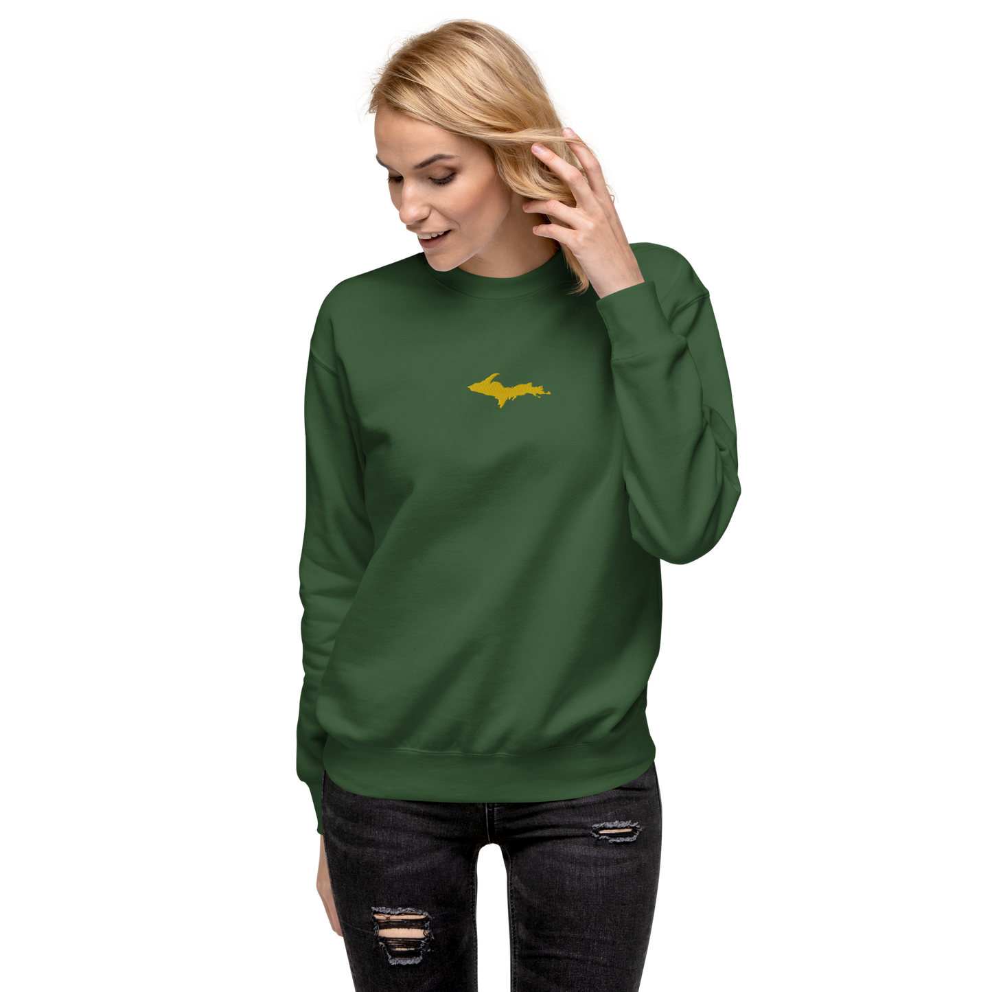 Michigan Upper Peninsula Sweatshirt (w/ Embroidered Gold UP Outline) | Unisex Premium