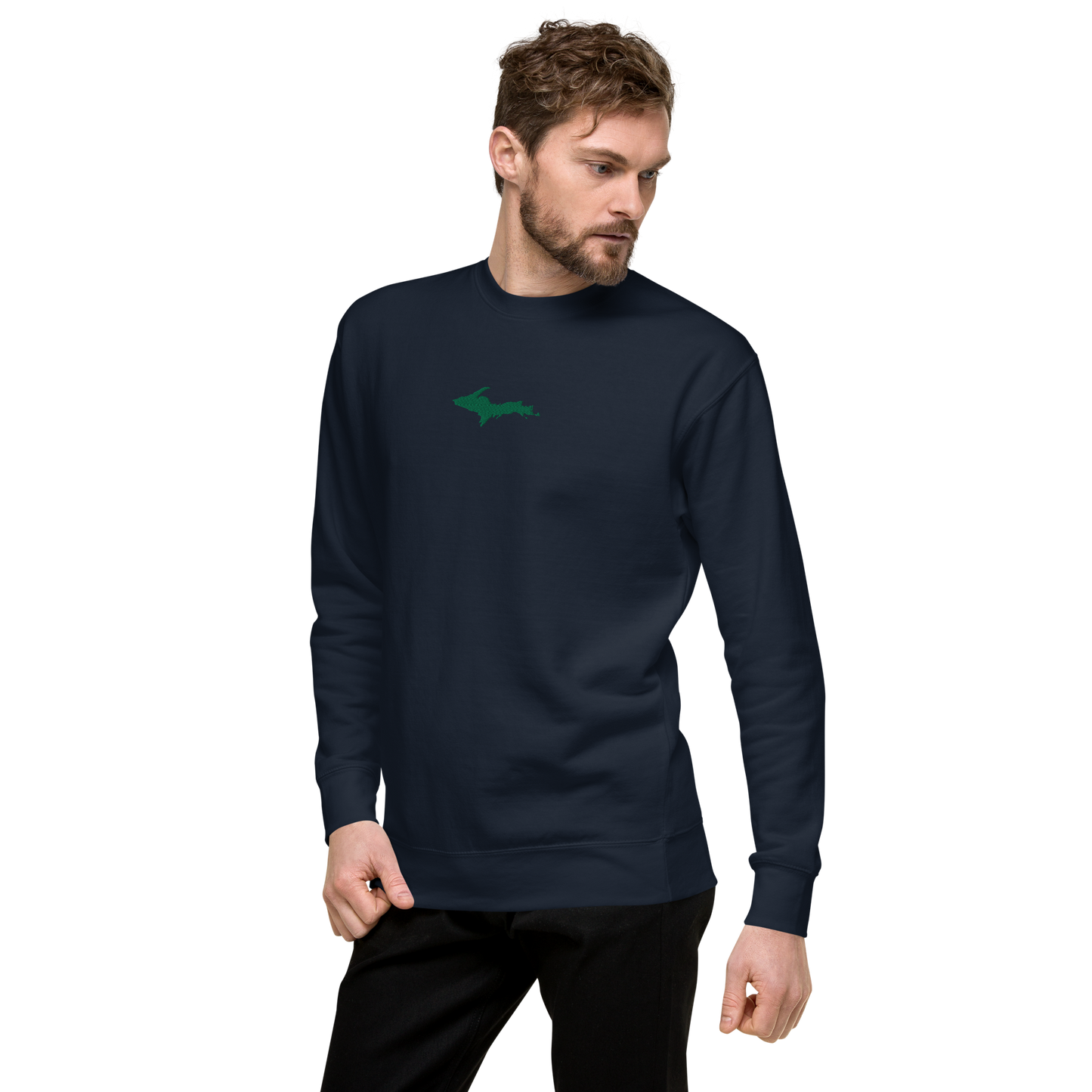 Michigan Upper Peninsula Sweatshirt (w/ Embroidered Green UP Outline) | Unisex Premium