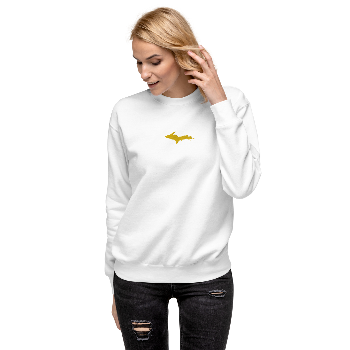 Michigan Upper Peninsula Sweatshirt (w/ Embroidered Gold UP Outline) | Unisex Premium