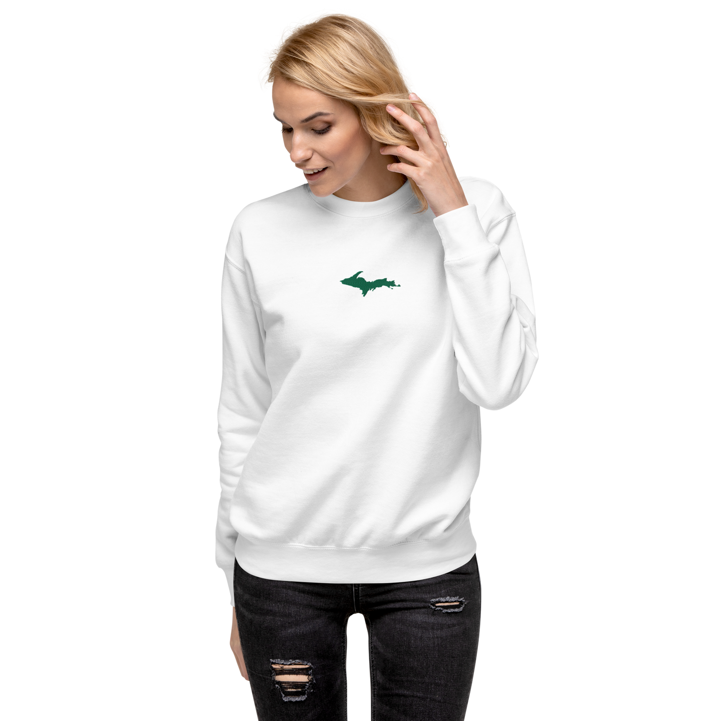 Michigan Upper Peninsula Sweatshirt (w/ Embroidered Green UP Outline) | Unisex Premium