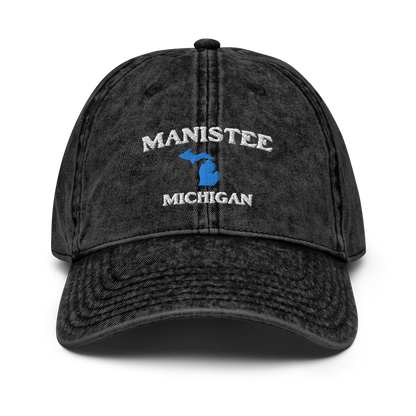 'Manistee Michigan' Vintage Baseball Cap (w/ Michigan Outline)