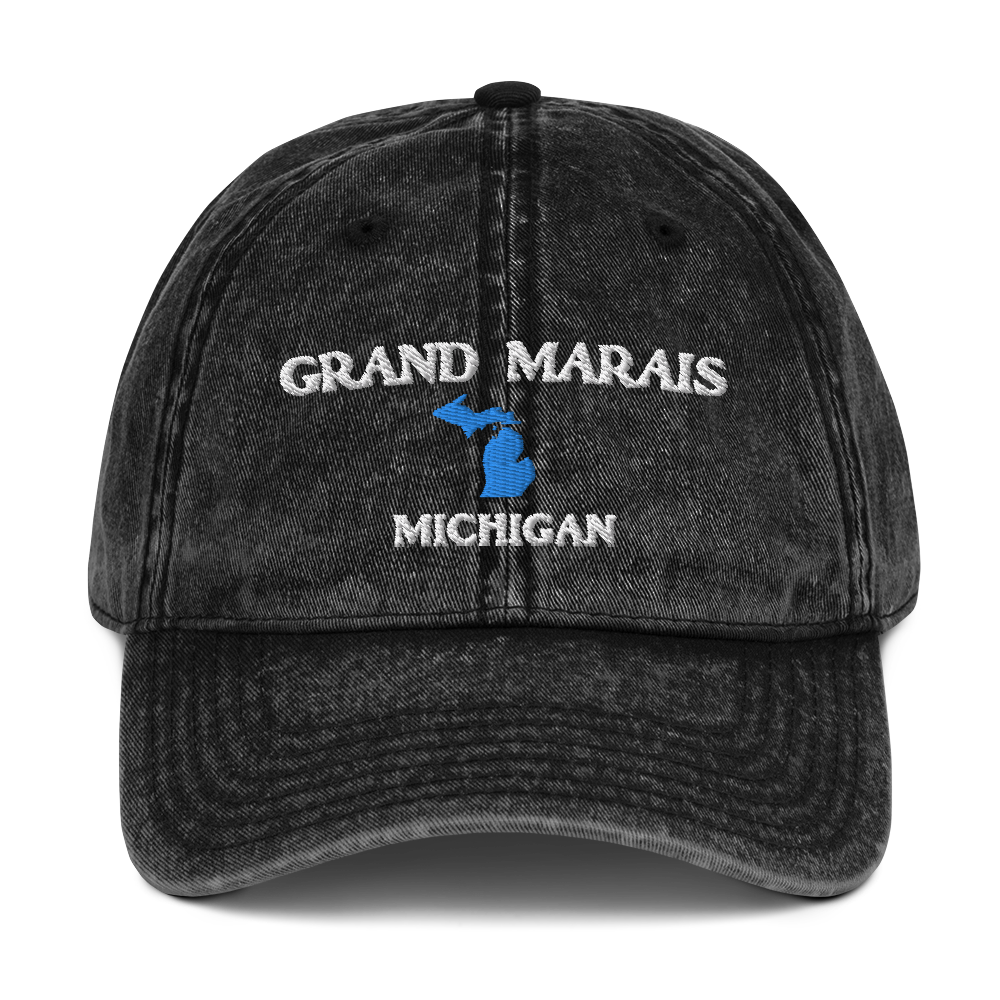 'Grand Marais Michigan' Vintage Baseball Cap (w/ Michigan Outline)