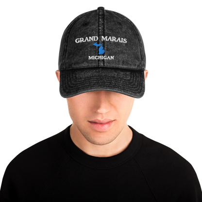 'Grand Marais Michigan' Vintage Baseball Cap (w/ Michigan Outline)