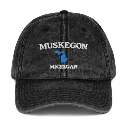 'Muskegon Michigan' Vintage Baseball Cap (w/ Michigan Outline)