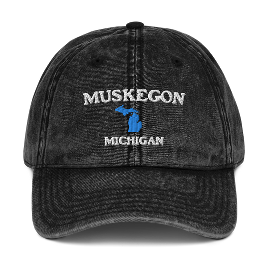 'Muskegon Michigan' Vintage Baseball Cap (w/ Michigan Outline)