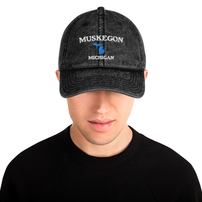 'Muskegon Michigan' Vintage Baseball Cap (w/ Michigan Outline)