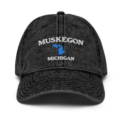 'Muskegon Michigan' Vintage Baseball Cap (w/ Michigan Outline)