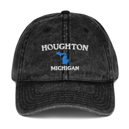 'Houghton Michigan' Vintage Baseball Cap (w/ Michigan Outline)