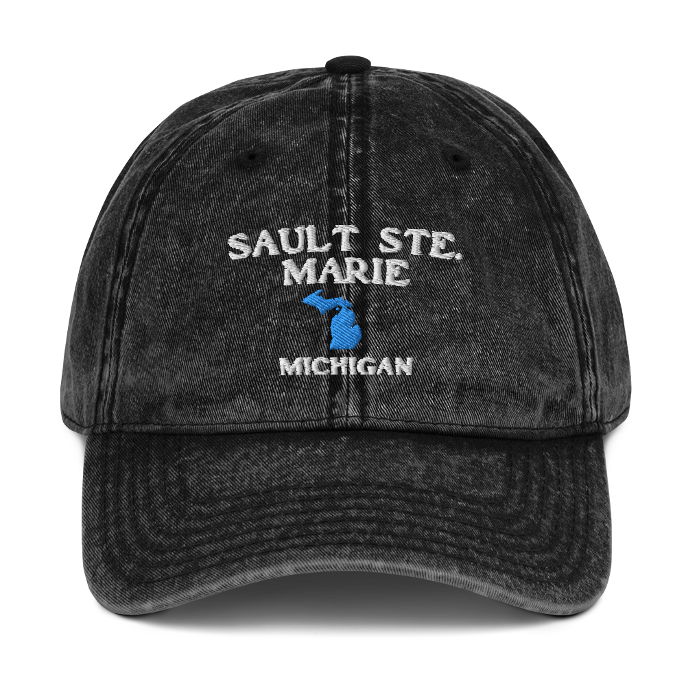 'Sault Ste. Marie' Vintage Baseball Cap (w/ Michigan Outline)