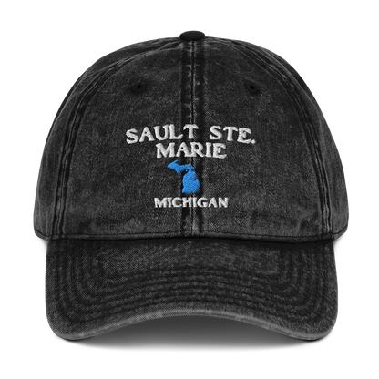 'Sault Ste. Marie' Vintage Baseball Cap (w/ Michigan Outline)