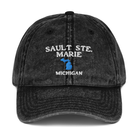 'Sault Ste. Marie' Vintage Baseball Cap (w/ Michigan Outline)
