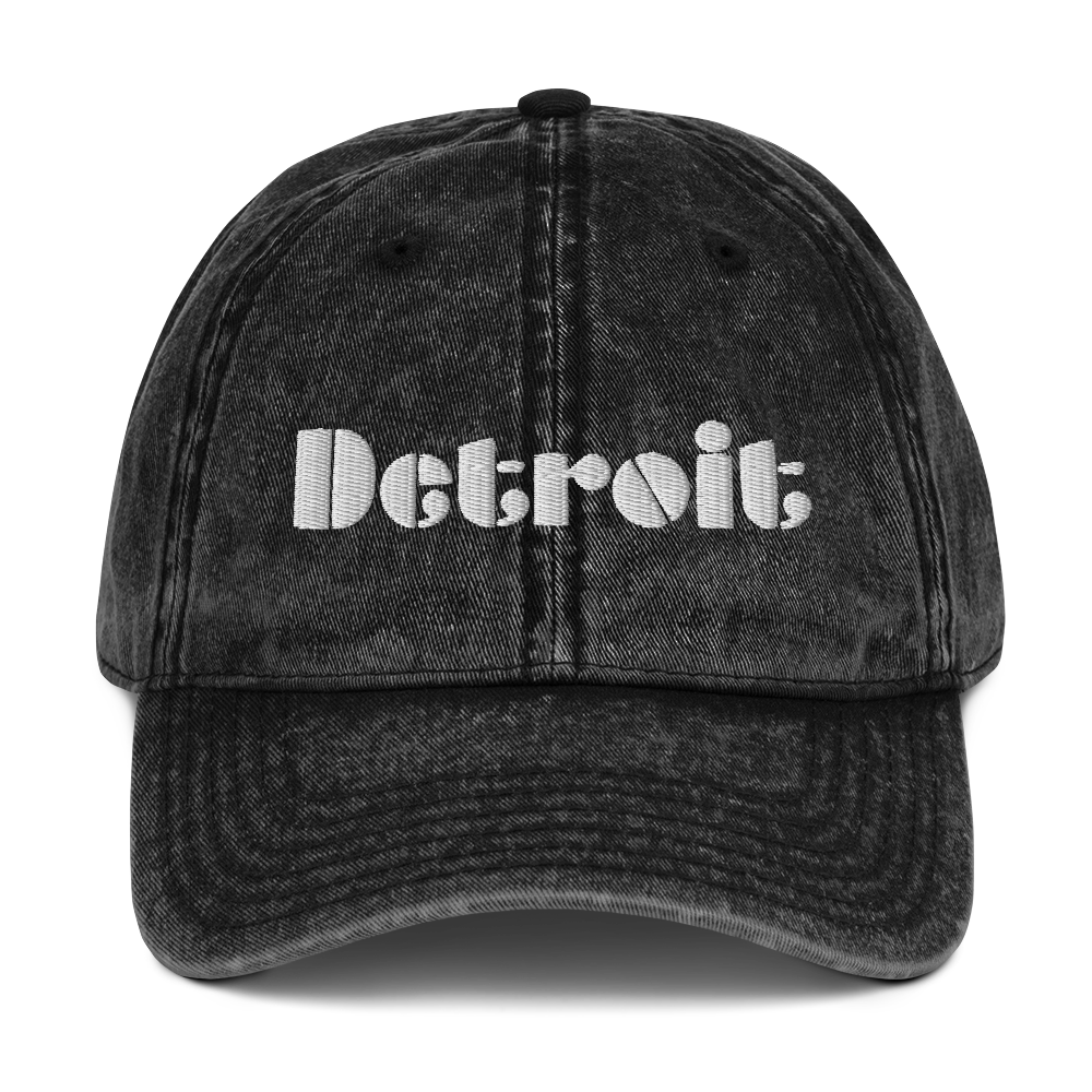 'Detroit' Vintage Baseball Cap (Art Deco Font) | White/Black Embroidery