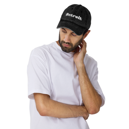 'Detroit' Vintage Baseball Cap (Art Deco Font) | White/Black Embroidery