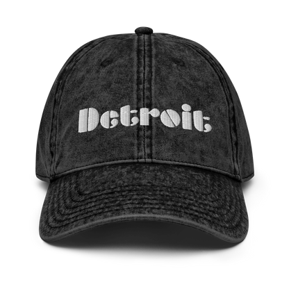 'Detroit' Vintage Baseball Cap (Art Deco Font) | White/Black Embroidery