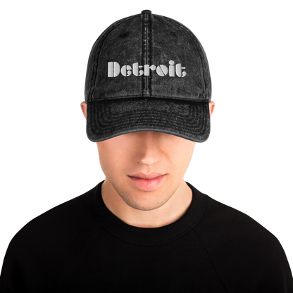 'Detroit' Vintage Baseball Cap (Art Deco Font) | White/Black Embroidery