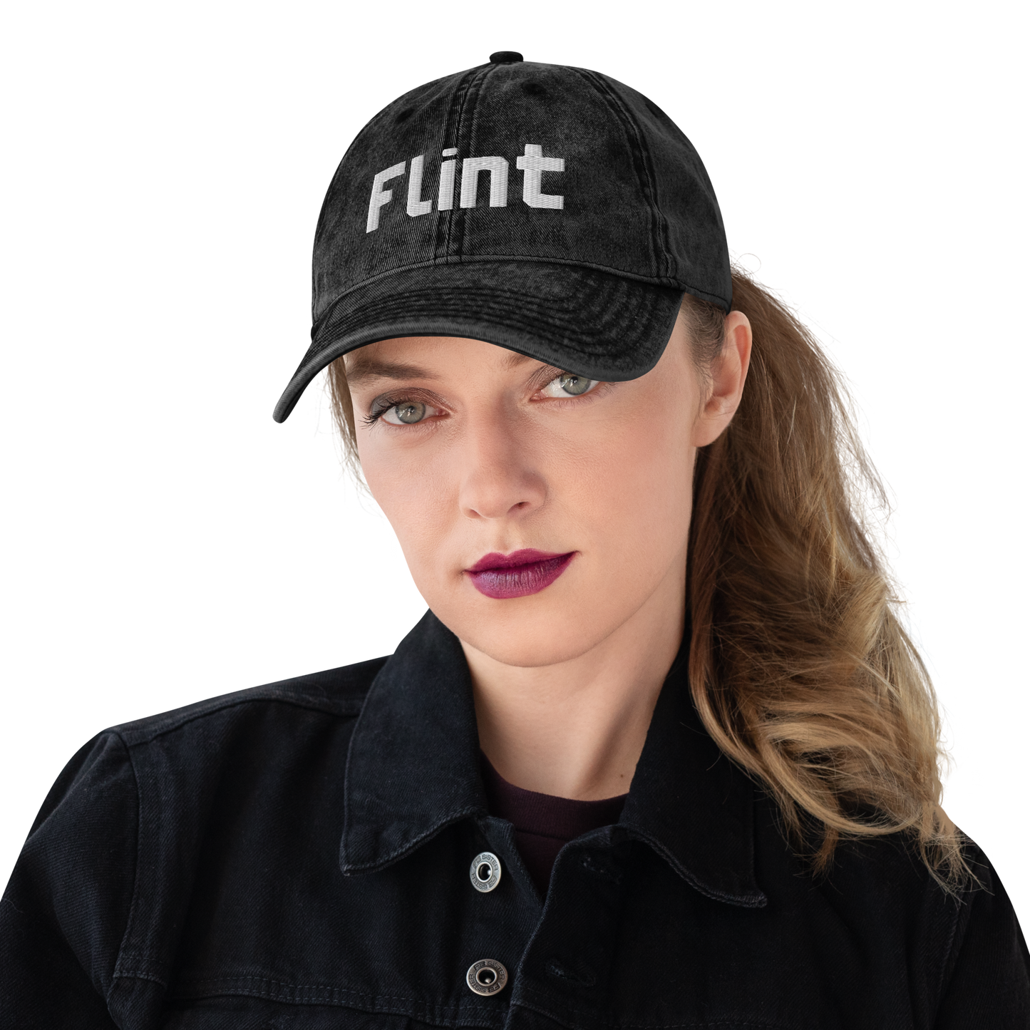 'Flint' Vintage Baseball Cap | White/Black Embroidery