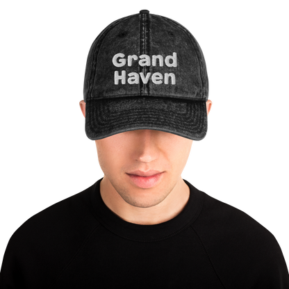 'Grand Haven' Vintage Baseball Cap | White/Black Embroidery