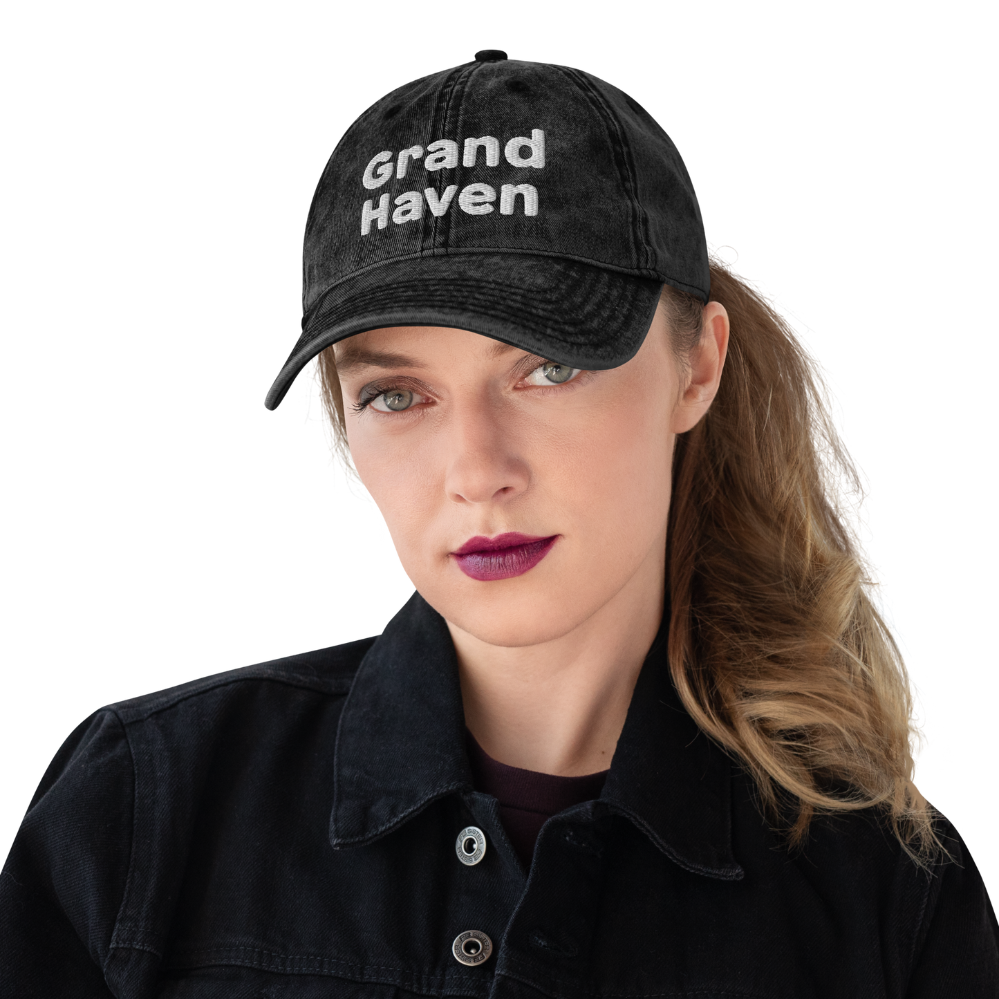 'Grand Haven' Vintage Baseball Cap | White/Black Embroidery