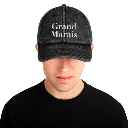 'Grand Marais' Vintage Baseball Cap | White/Black Embroidery