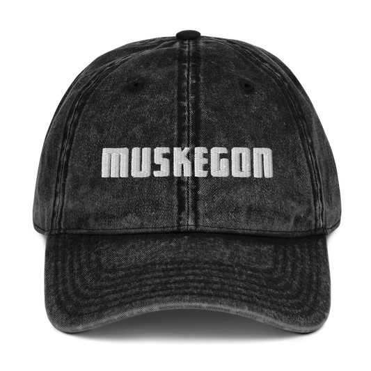 'Muskegon' Vintage Baseball Cap | White/Black Embroidery