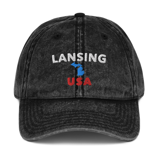 'Lansing' Vintage Baseball Cap (w/ Michigan Outline)