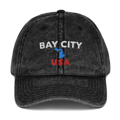 'Bay City USA' Vintage Baseball Cap (w/ Michigan Outline)