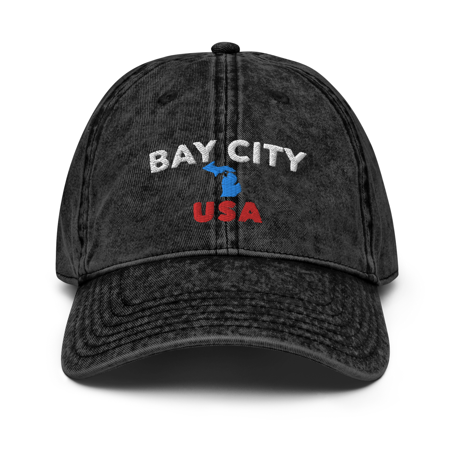 'Bay City USA' Vintage Baseball Cap (w/ Michigan Outline)