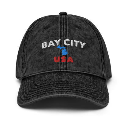 'Bay City USA' Vintage Baseball Cap (w/ Michigan Outline)
