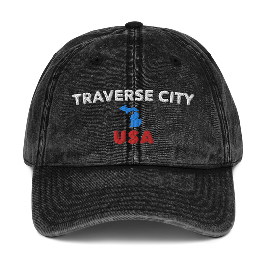 'Traverse City USA' Vintage Baseball Cap (w/ Michigan Outline)