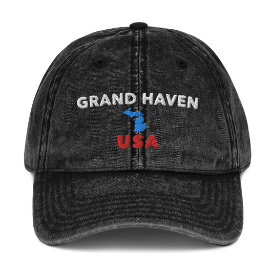 'Grand Haven USA' Vintage Baseball Hat (w/ Michigan Outline)