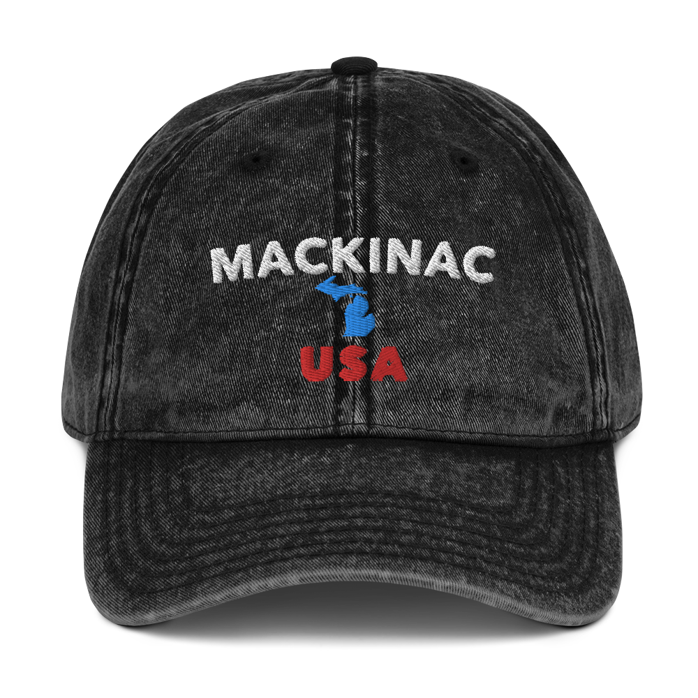 'Mackinac USA' Vintage Baseball Cap (w/ Michigan Outline)