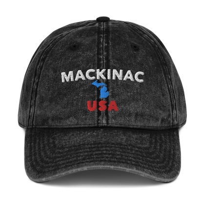 'Mackinac USA' Vintage Baseball Cap (w/ Michigan Outline)