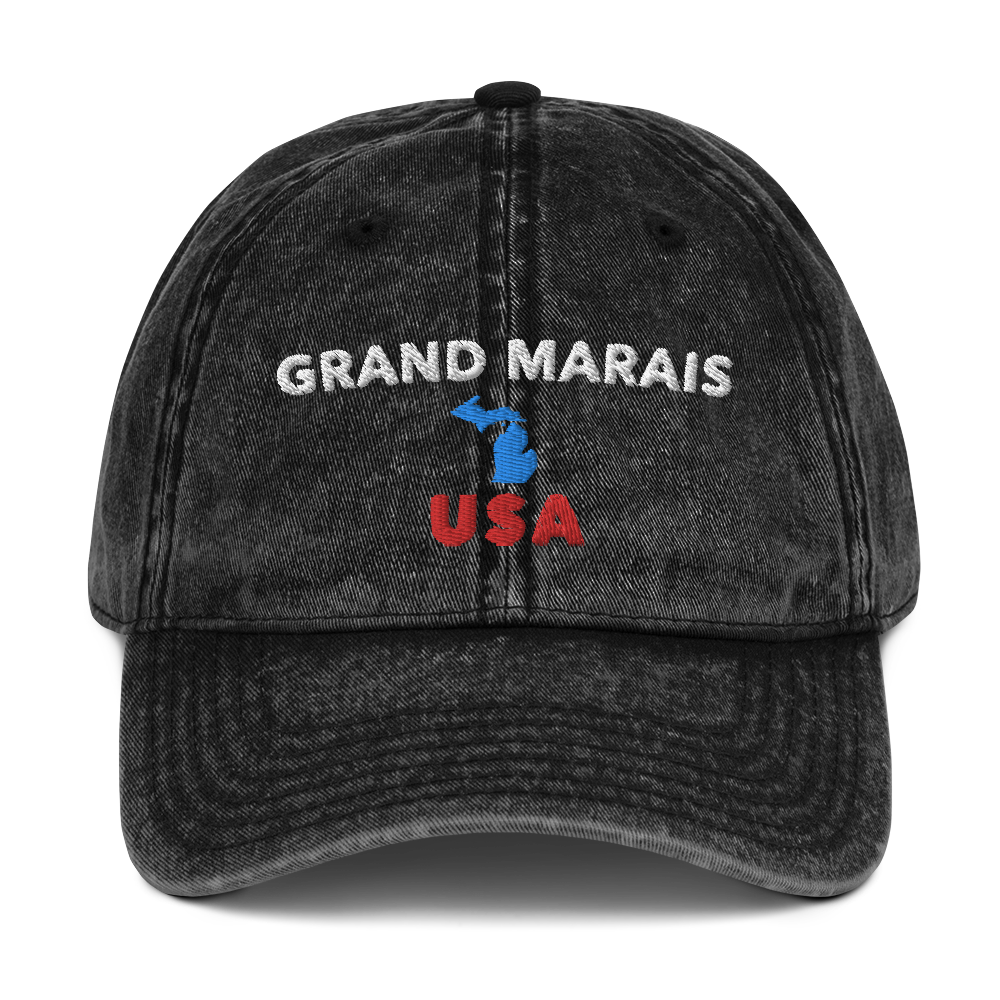 'Grand Marais USA' Vintage Baseball Cap (w/ Michigan Outline)