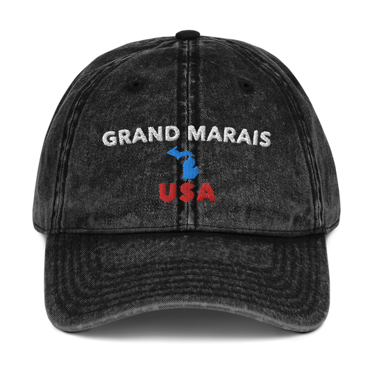 'Grand Marais USA' Vintage Baseball Cap (w/ Michigan Outline)