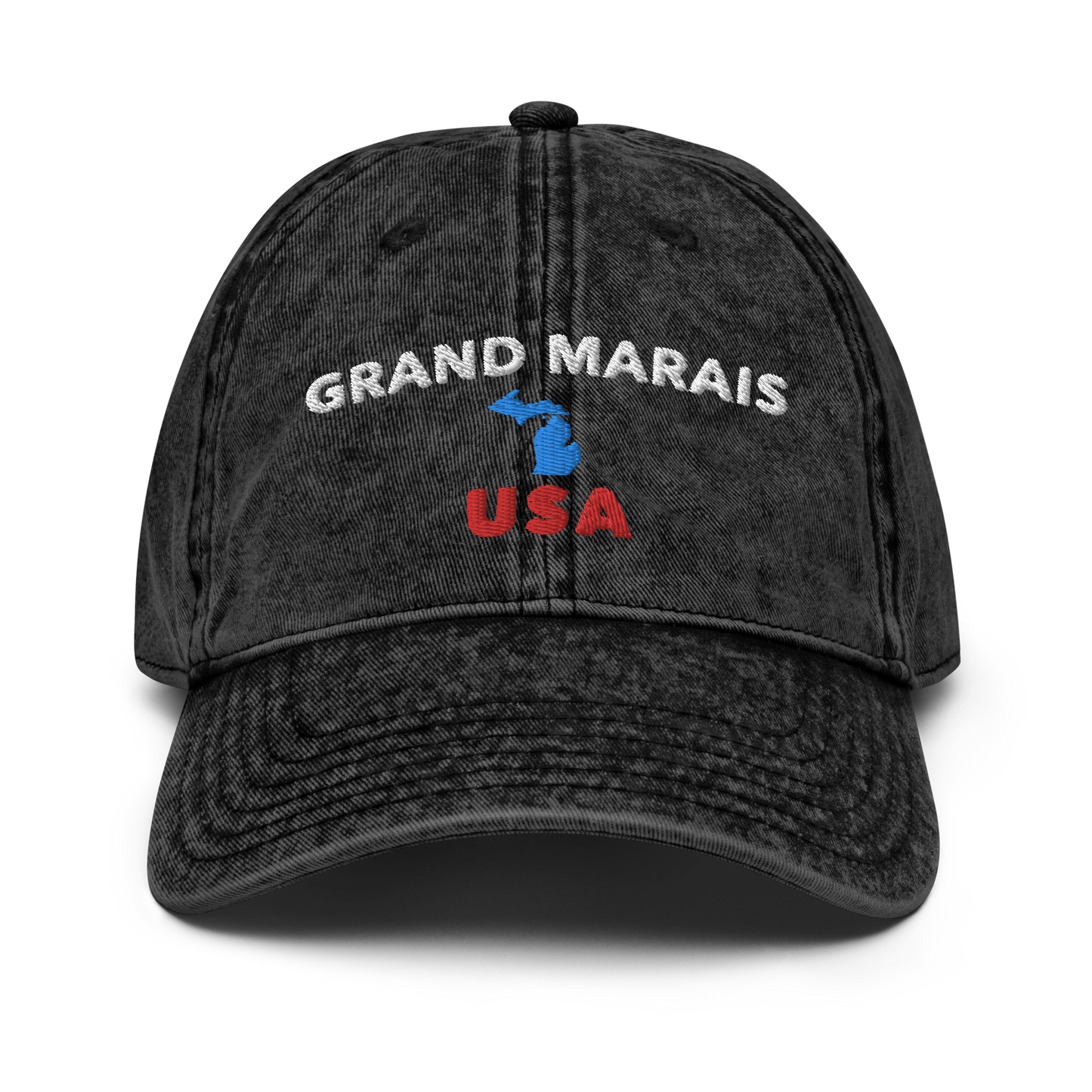 'Grand Marais USA' Vintage Baseball Cap (w/ Michigan Outline)