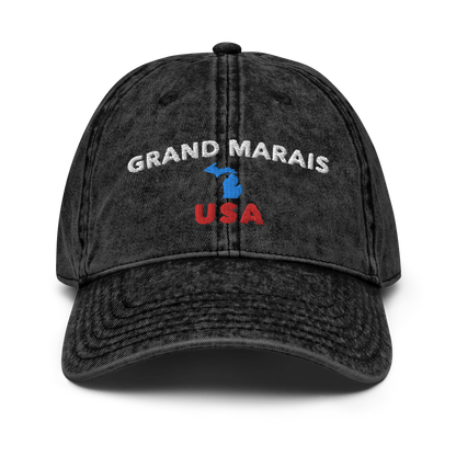 'Grand Marais USA' Vintage Baseball Cap (w/ Michigan Outline)