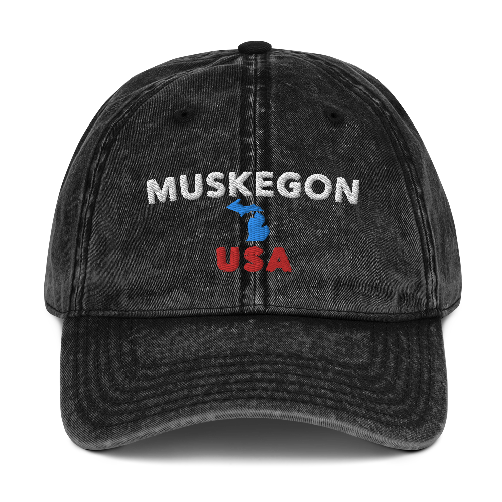 'Muskegon USA' Vintage Baseball Cap (w/ Michigan Outline)