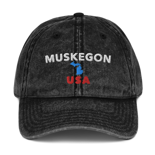 'Muskegon USA' Vintage Baseball Cap (w/ Michigan Outline)