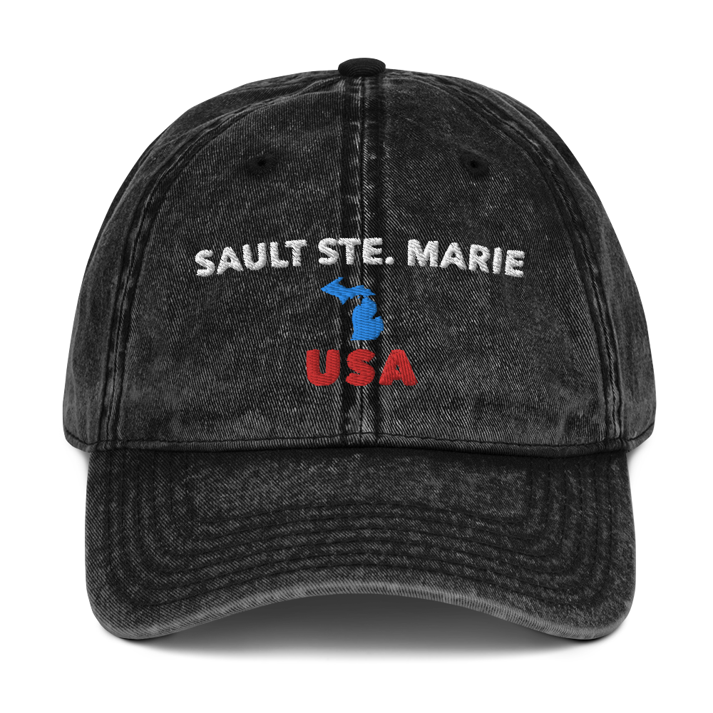 'Sault Ste. Marie USA' Vintage Baseball Cap (w/ Michigan Outline)