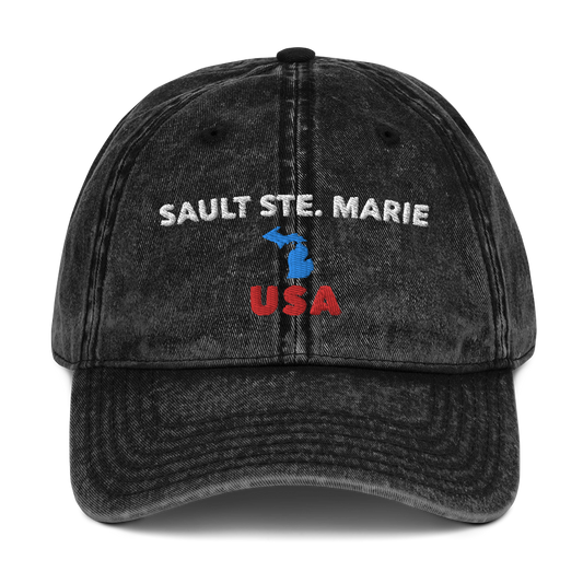 'Sault Ste. Marie USA' Vintage Baseball Cap (w/ Michigan Outline)