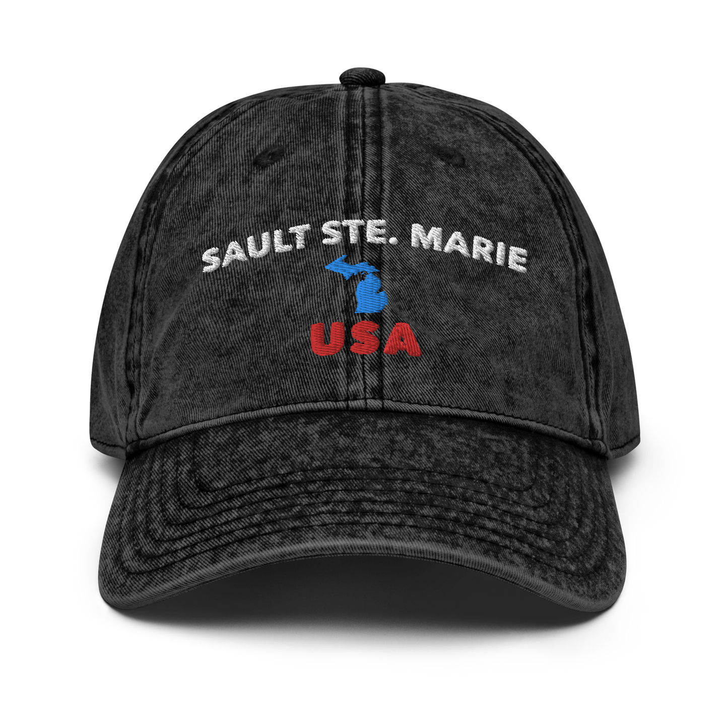 'Sault Ste. Marie USA' Vintage Baseball Cap (w/ Michigan Outline)