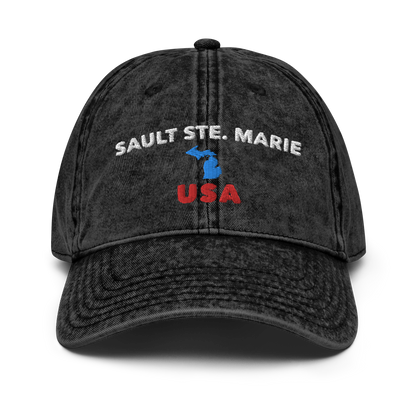 'Sault Ste. Marie USA' Vintage Baseball Cap (w/ Michigan Outline)