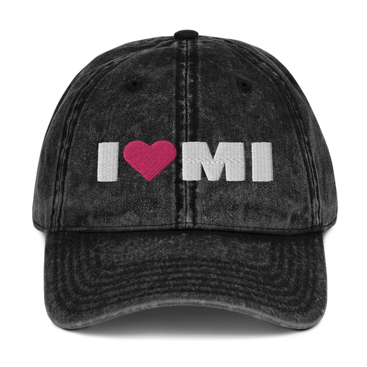 Michigan 'I ❤️ MI' Vintage Baseball Cap (French Olive Font)