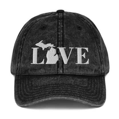 Michigan 'Love' Vintage Baseball Cap (Didone Font) | White Embroidery