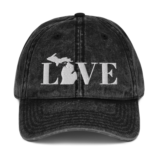 Michigan 'Love' Vintage Baseball Cap (Didone Font) | White Embroidery